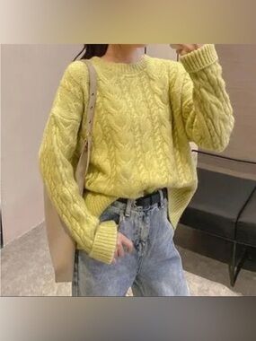 Chenault Bright Lemon Cable Knit Crewneck Sweater